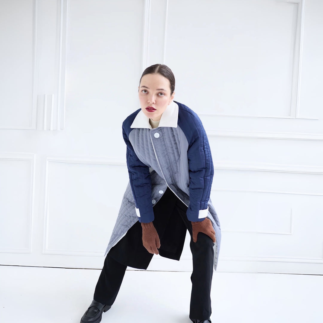 Grey Navy White Patchwork Colour Block Quilt Long Jacket