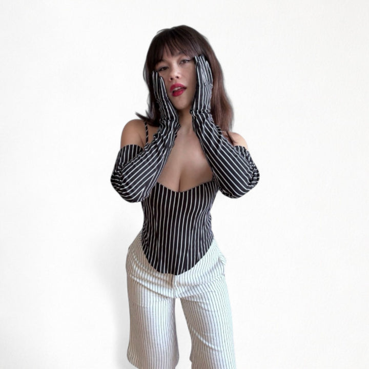 Black pinstripes sweetheart corset with long gloves