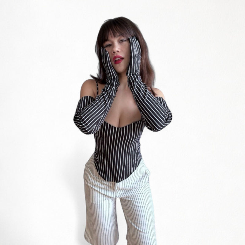 Black Pinstripes Sweetheart Corset With Long Gloves