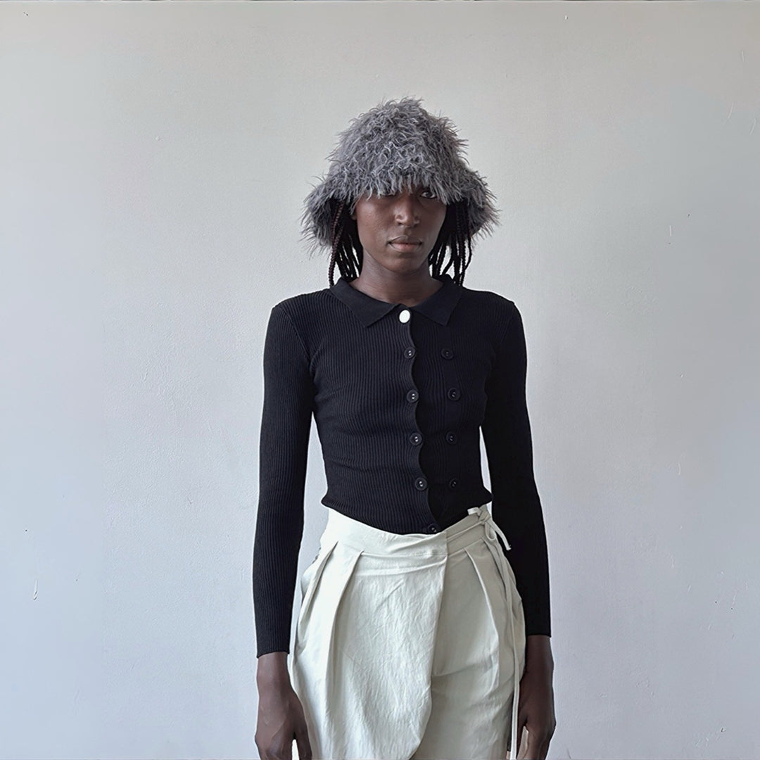 Black rib knit shirt top with button details