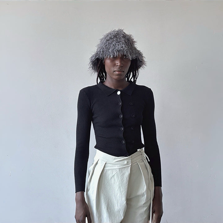 Black rib knit shirt top with button details