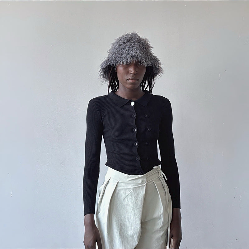 Black Rib Knit Shirt Top With Button Details