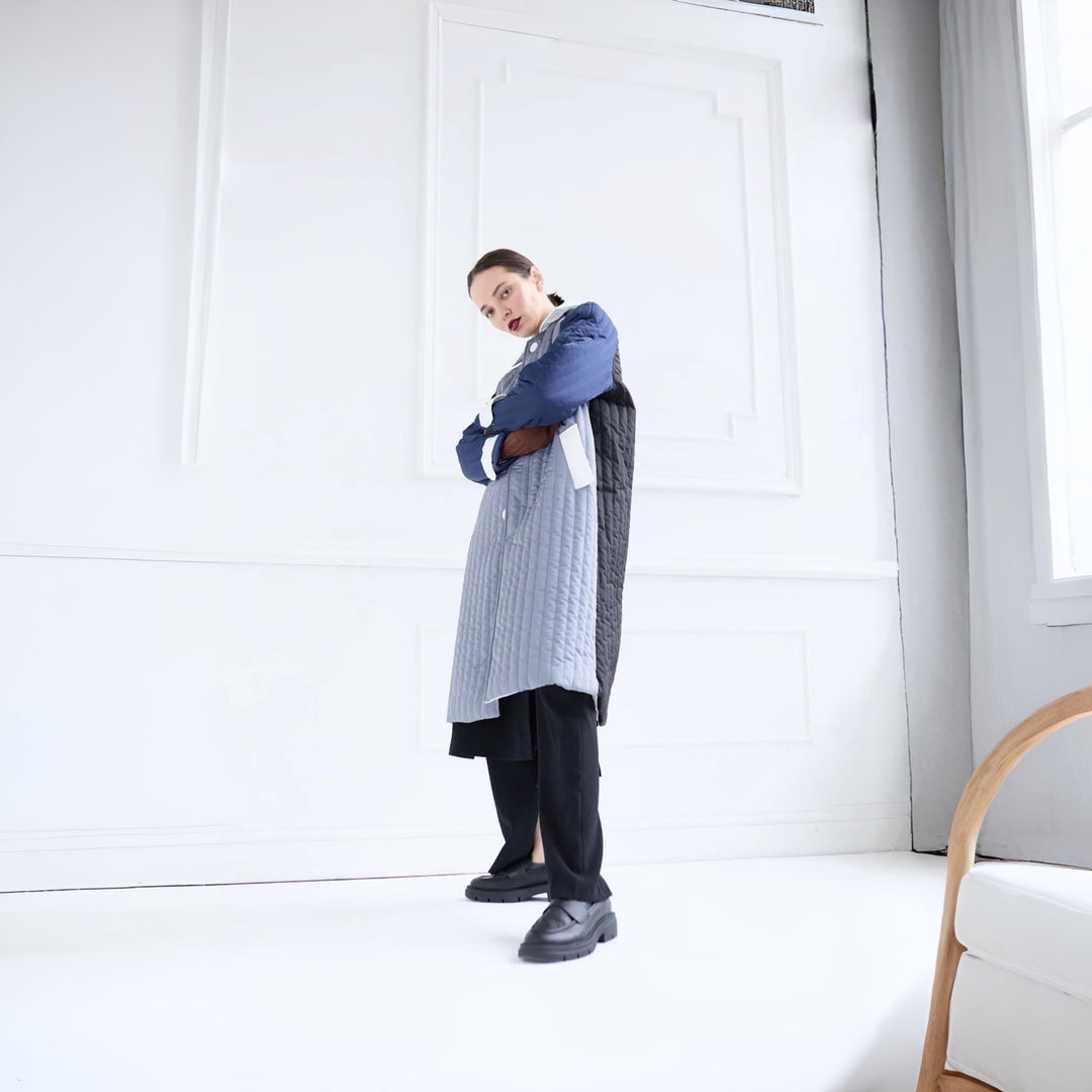 Grey Navy White Patchwork Colour Block Quilt Long Jacket