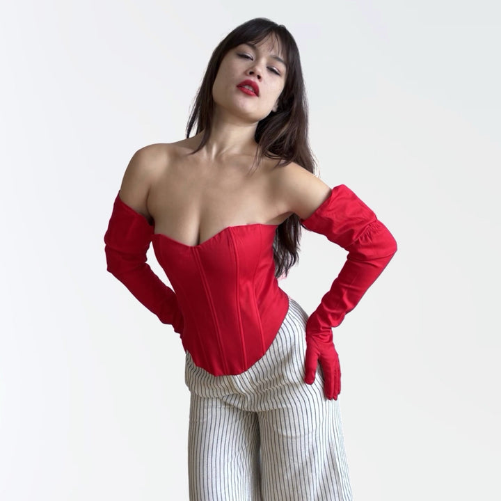 Red sweetheart corset with long gloves