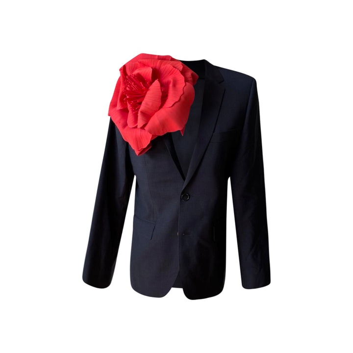 Reworked oversize blazer with big white flower pin