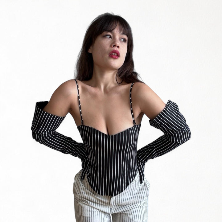 Black pinstripes sweetheart corset with long gloves