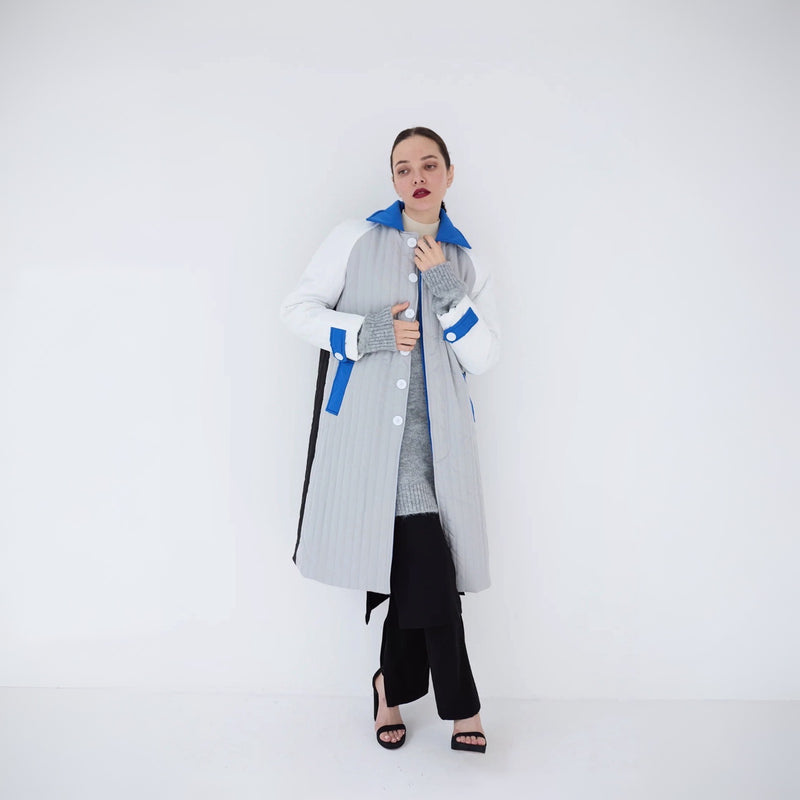 White Grey Blue Patchwork Colour Block Quilt Long Jacket