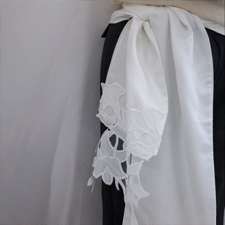 White Silk And 3D Lace Long Scarf