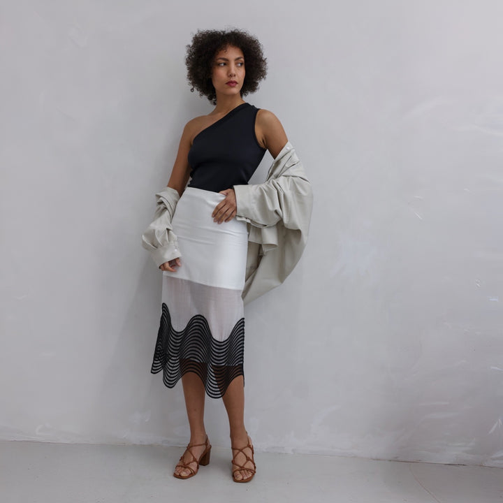 White Sheer Pencil Skirt With Black Embroidery
