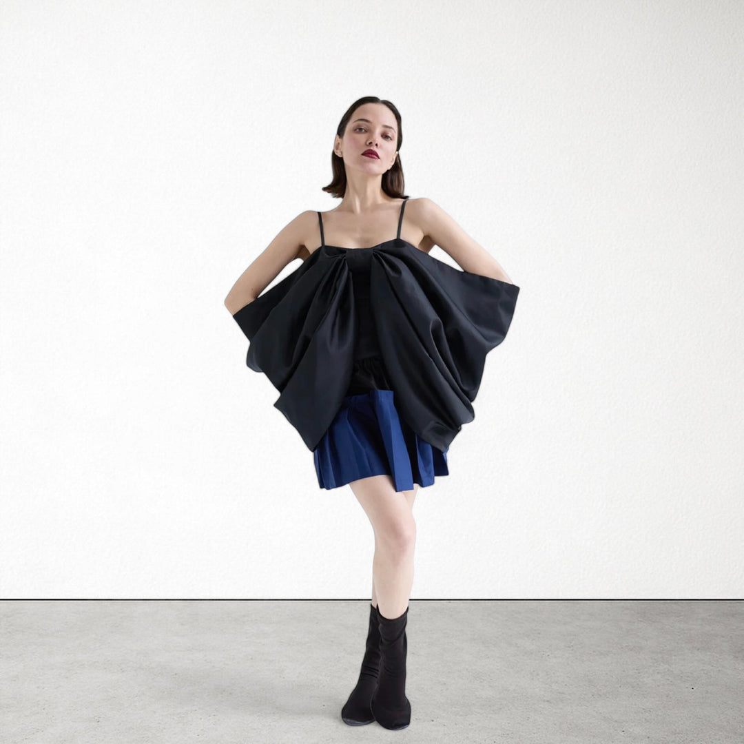 Black duchess satin bow top with straps