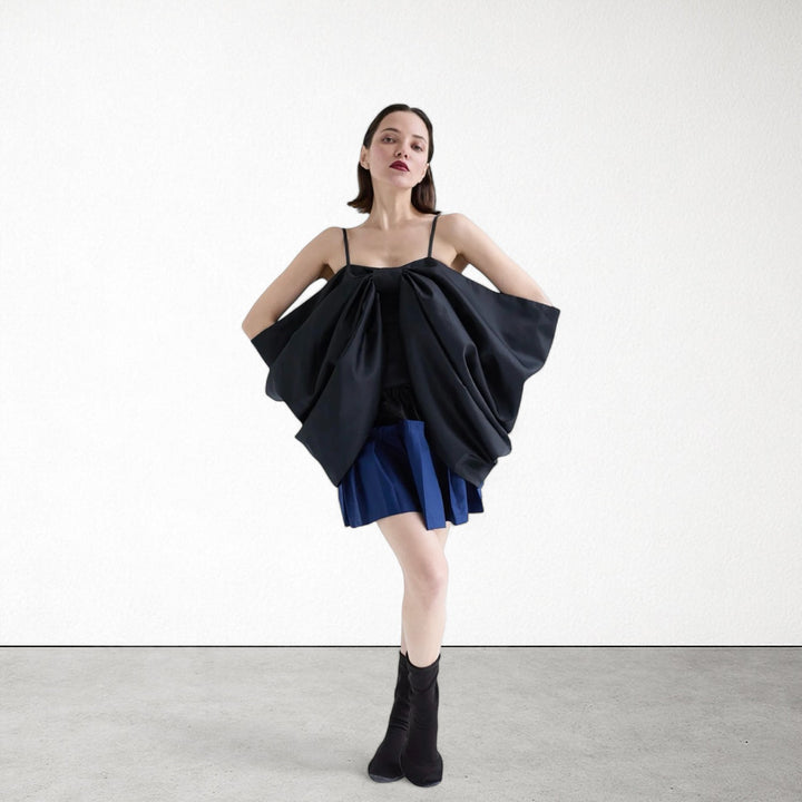 Black duchess satin bow top with straps