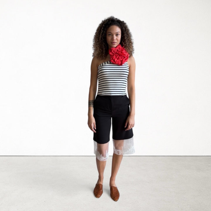 Striped one shoulder top with red flower pin