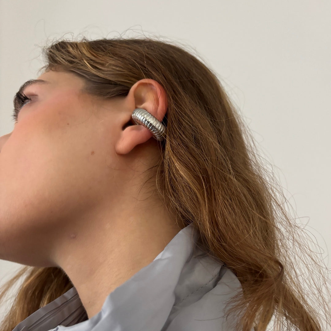 Silver C Shaped Hoop Ridged Clip Earrings