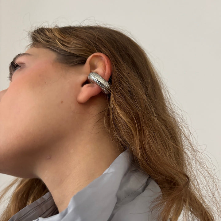 Silver C Shaped Hoop Ridged Clip Earrings