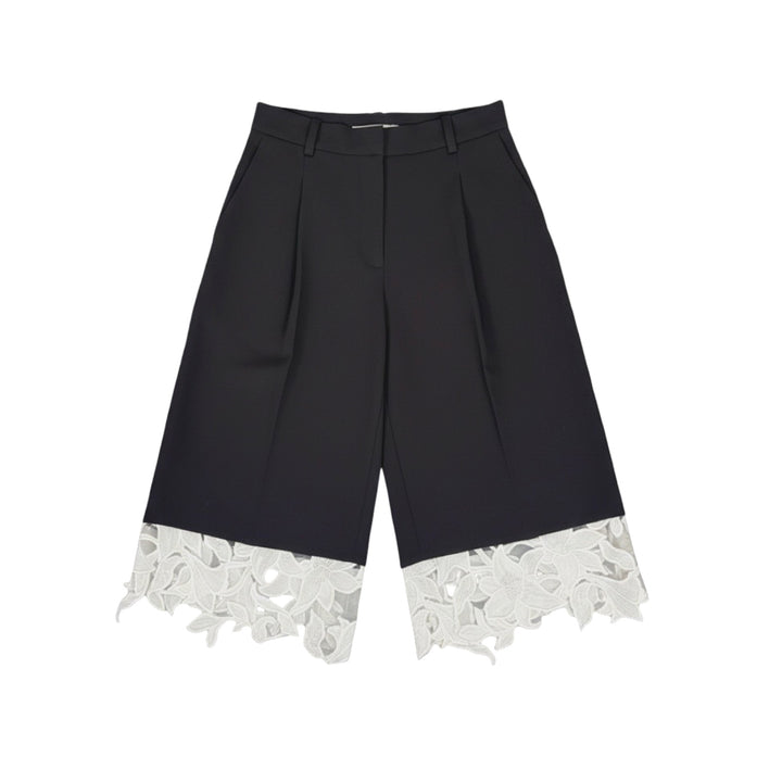 Black Tailored Culottes With Lace Appliqué