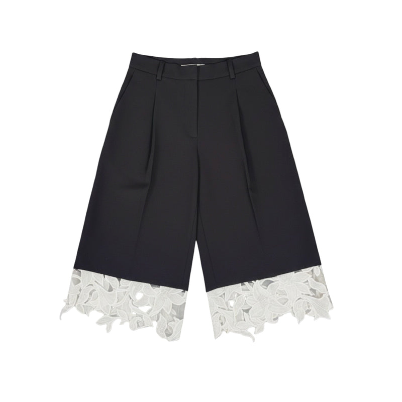 Black Tailored Culottes With Lace Appliqué