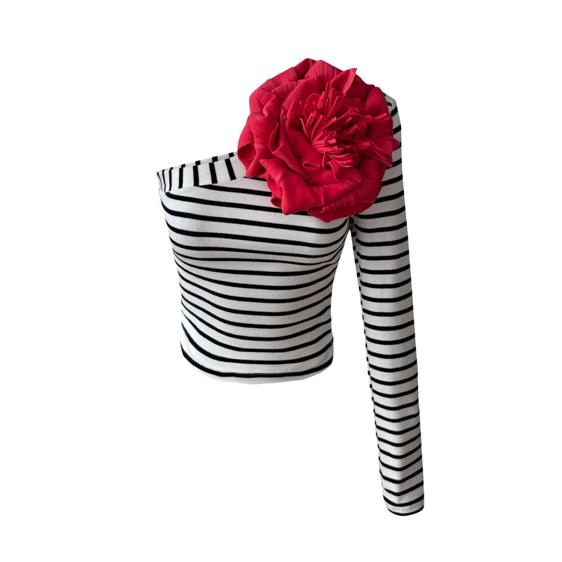 Striped One Sleeve Top With Red Flower Pin