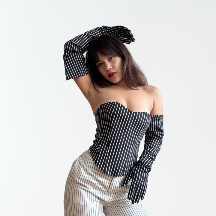 Black pinstripes sweetheart corset with long gloves