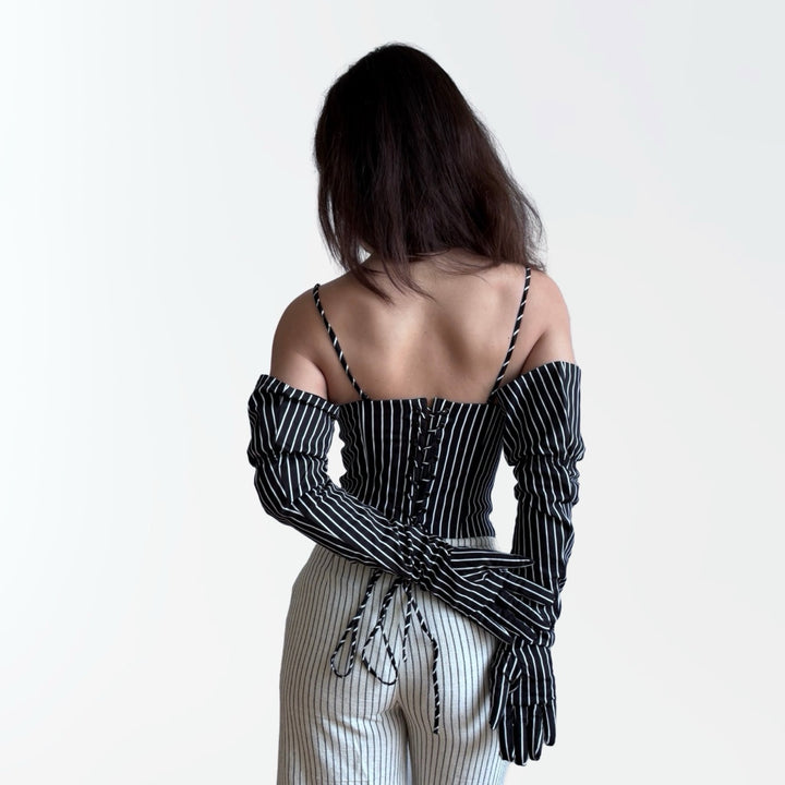 Black pinstripes sweetheart corset with long gloves