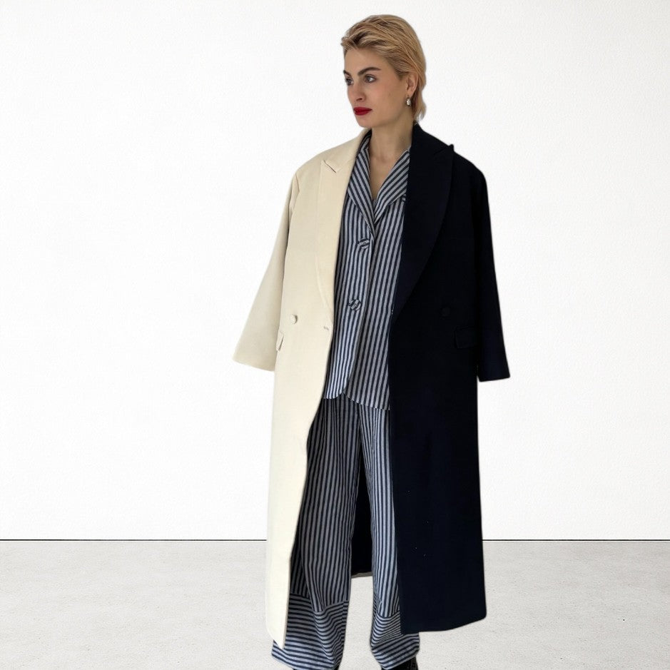Navy And White Wool Double Breasted Trench Coat