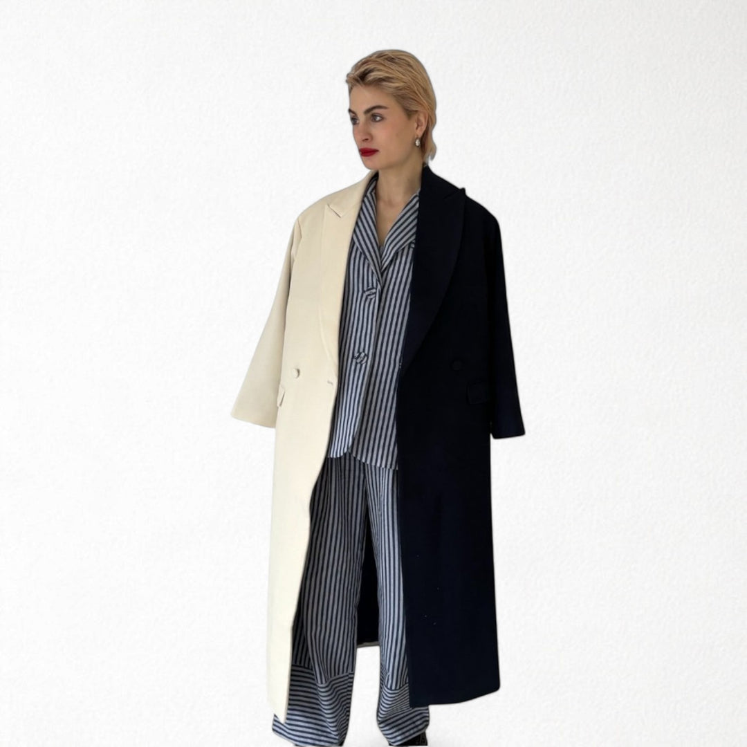 Navy And White Wool Double Breasted Trench Coat