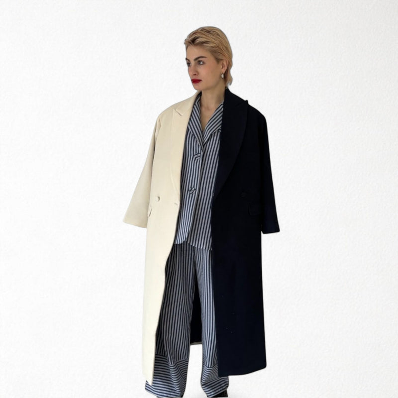 Navy And White Wool Double Breasted Trench Coat