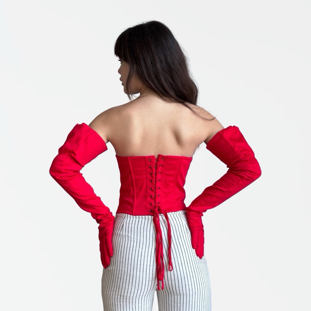 Red sweetheart corset with long gloves