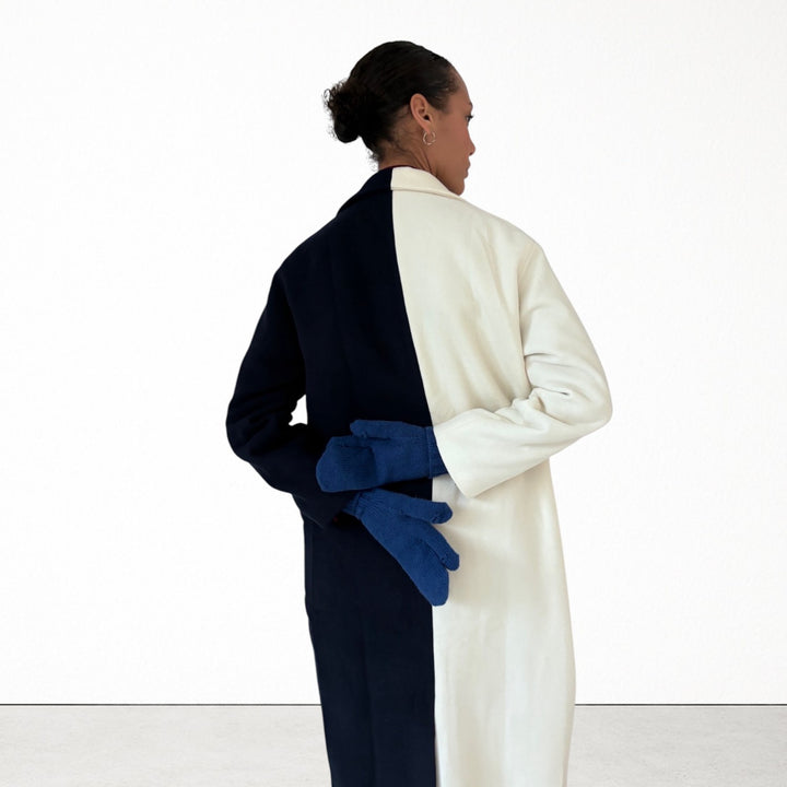 Navy And White Wool Double Breasted Trench Coat