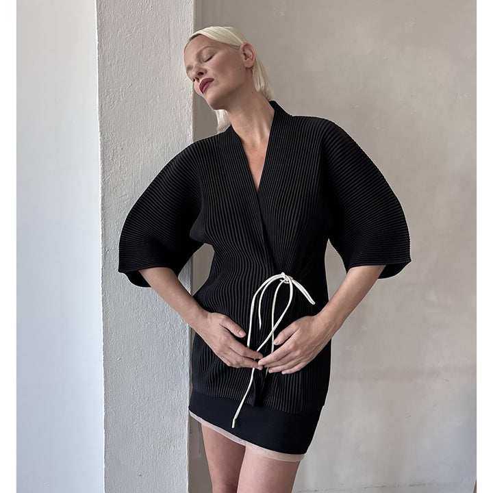Black Pleated Kimono Cardigan With White Cord