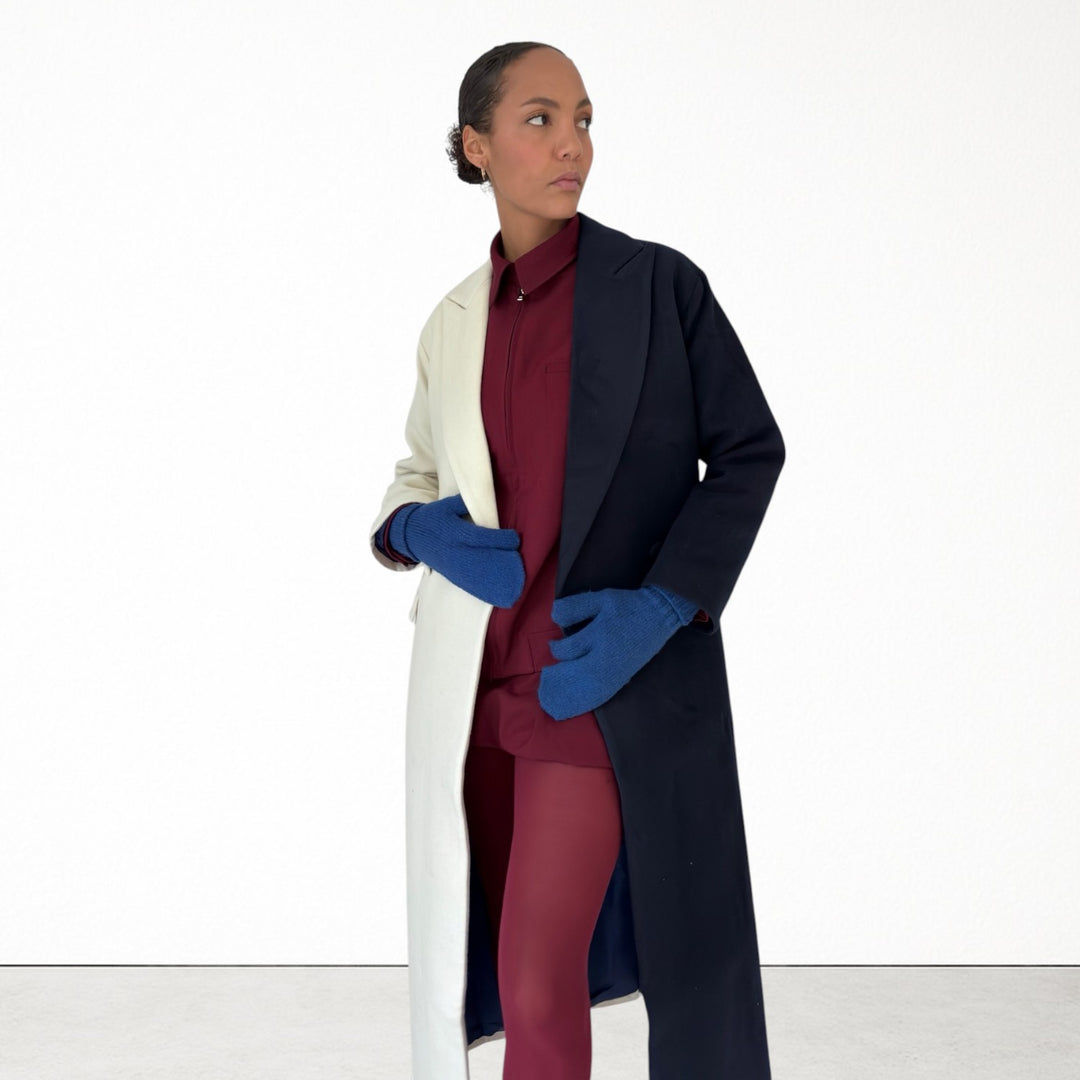 Navy And White Wool Double Breasted Trench Coat