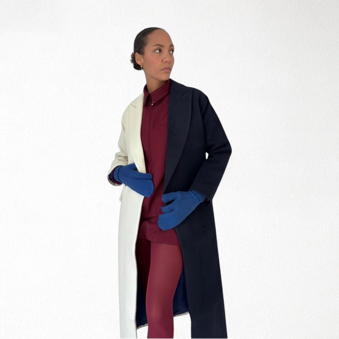 Navy And White Wool Double Breasted Trench Coat
