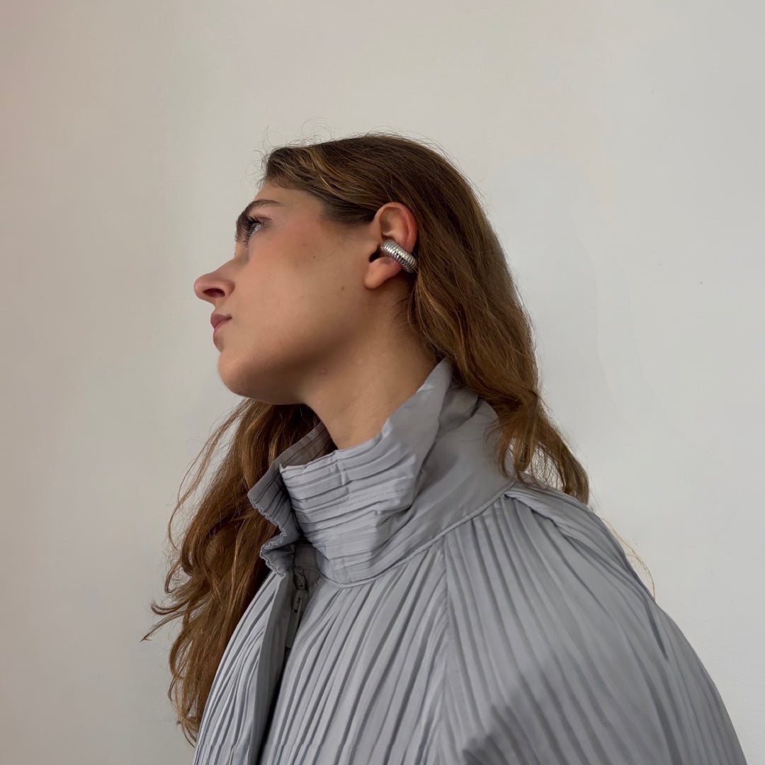 Silver C Shaped Hoop Ridged Clip Earrings