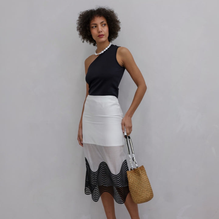 White Sheer Pencil Skirt With Black Embroidery