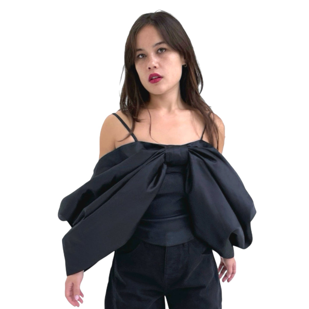 Black duchess satin bow top with straps