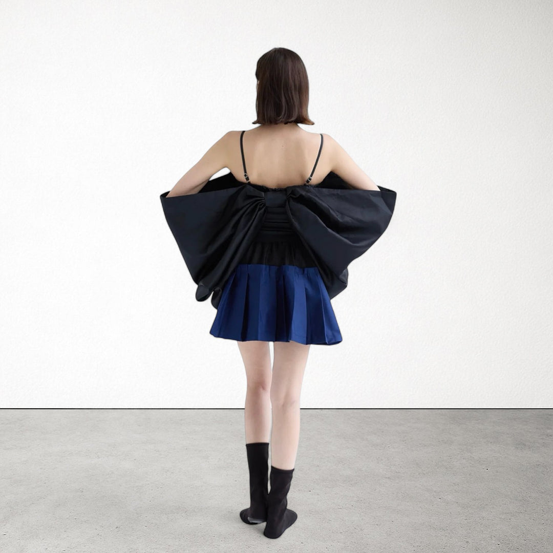 Black duchess satin bow top with straps