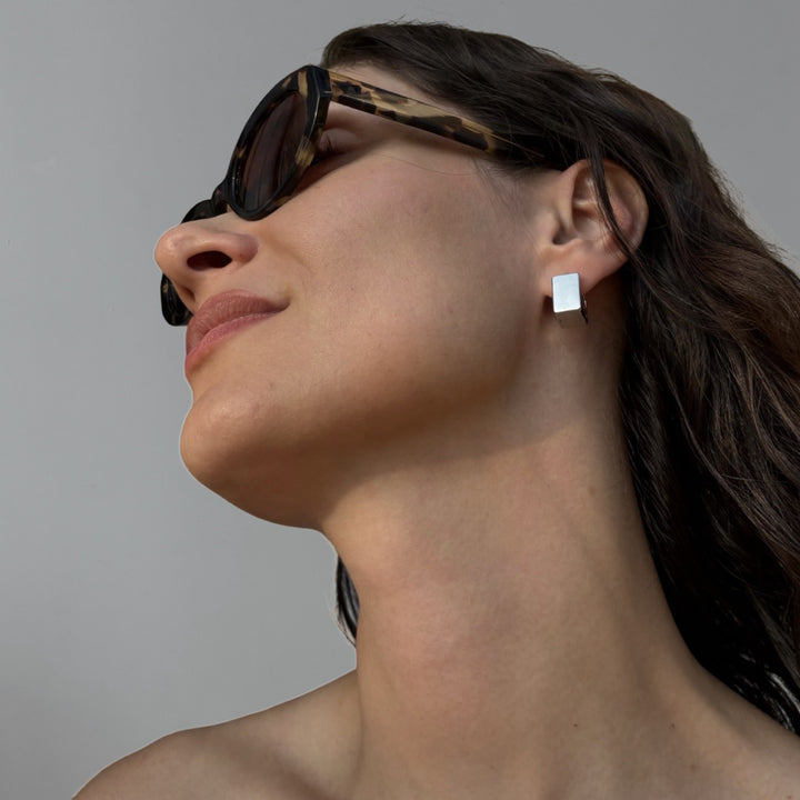 Silver Square Earlobe Hoop Earrings