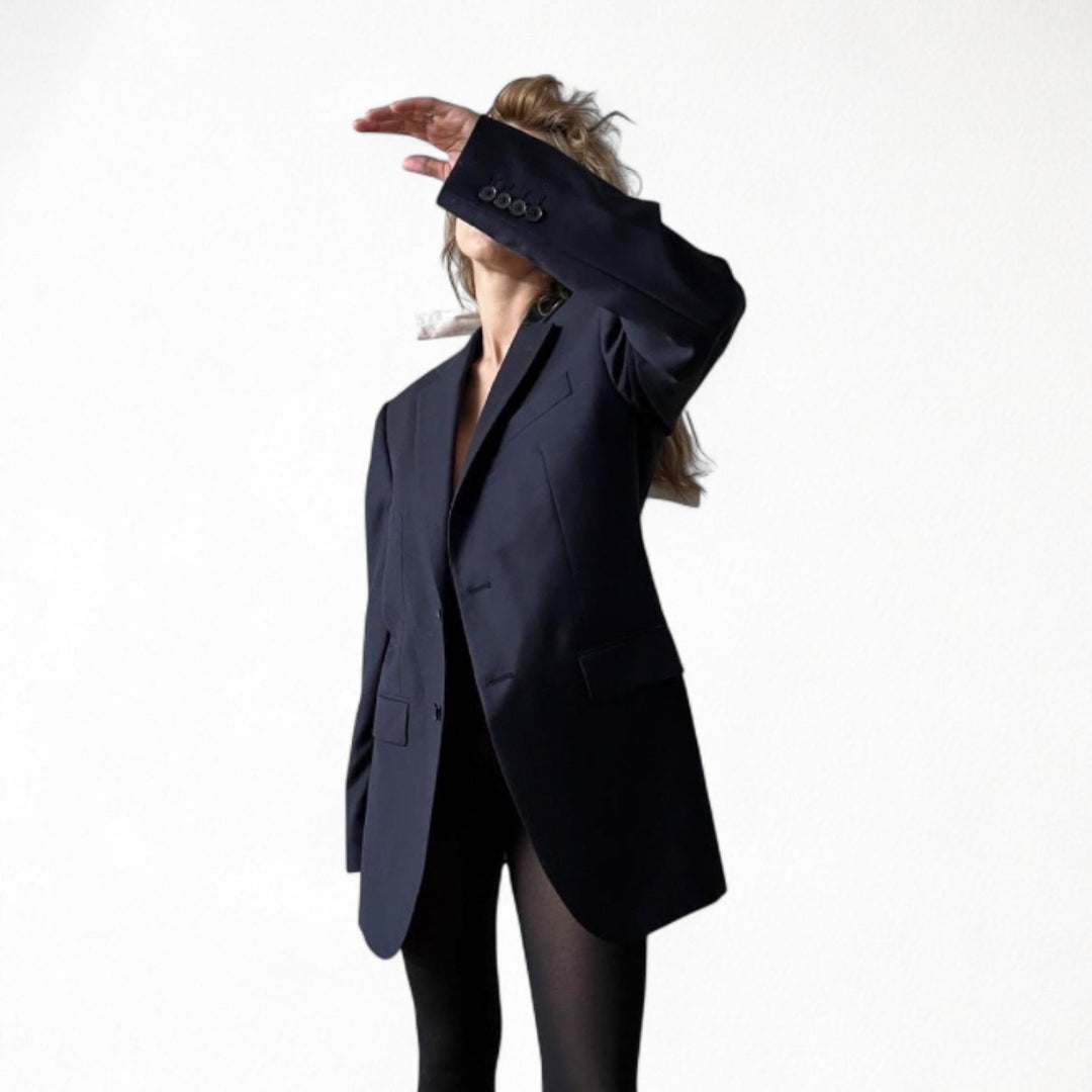 Reworked blazer with white pleated back appliqué