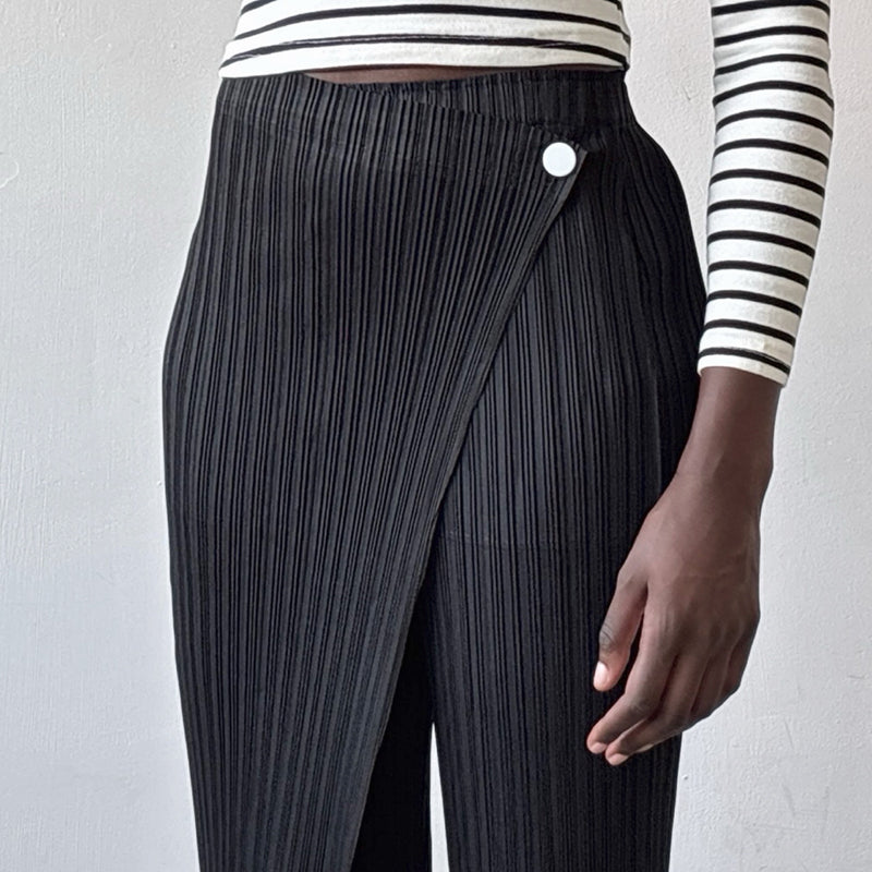 Black Accordion Pleated Trousers With Wrap Detail