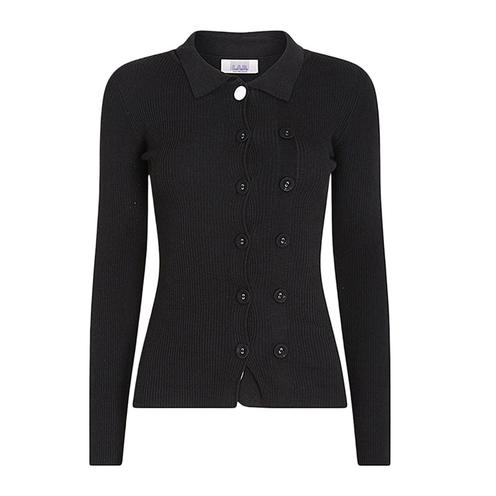 Black rib knit shirt top with button details