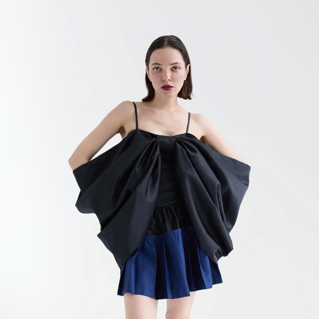 Black duchess satin bow top with straps