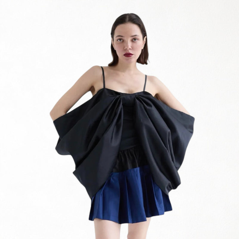 Black Duchess Satin Bow Top With Straps