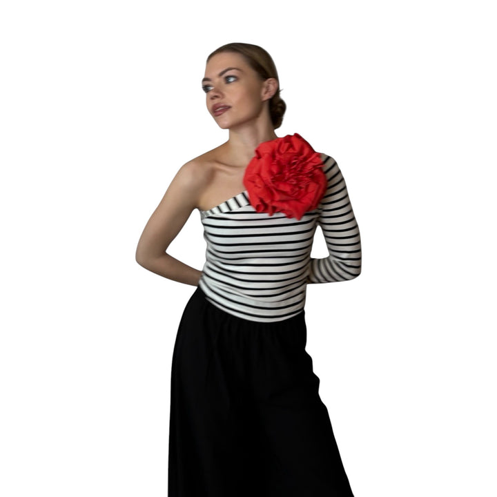 Striped one sleeve top with red flower pin