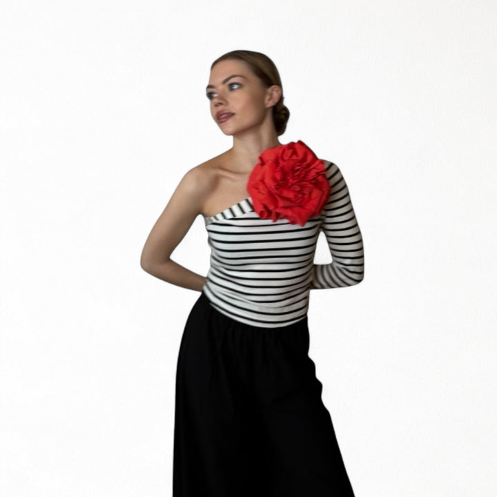 Striped one sleeve top with red flower pin
