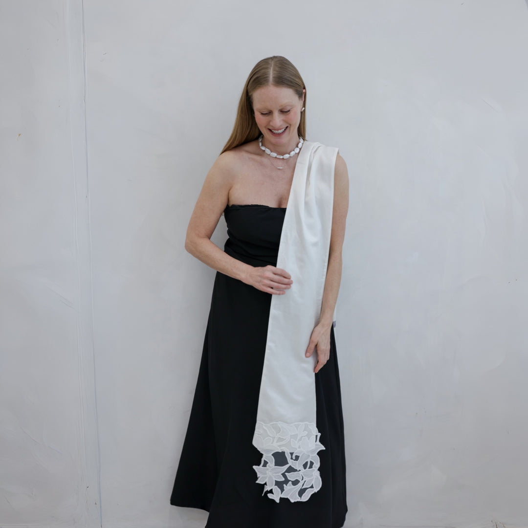 White Silk And 3D Lace Long Scarf