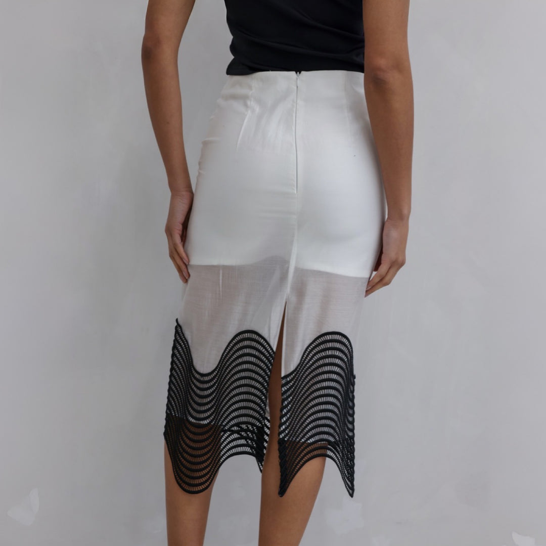 White Sheer Pencil Skirt With Black Embroidery