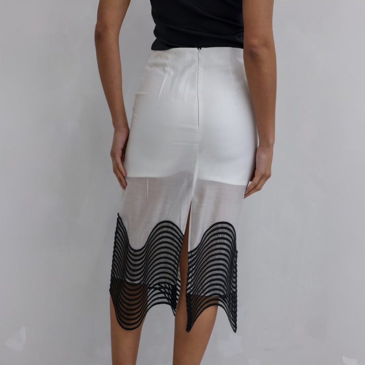 White Sheer Pencil Skirt With Black Embroidery