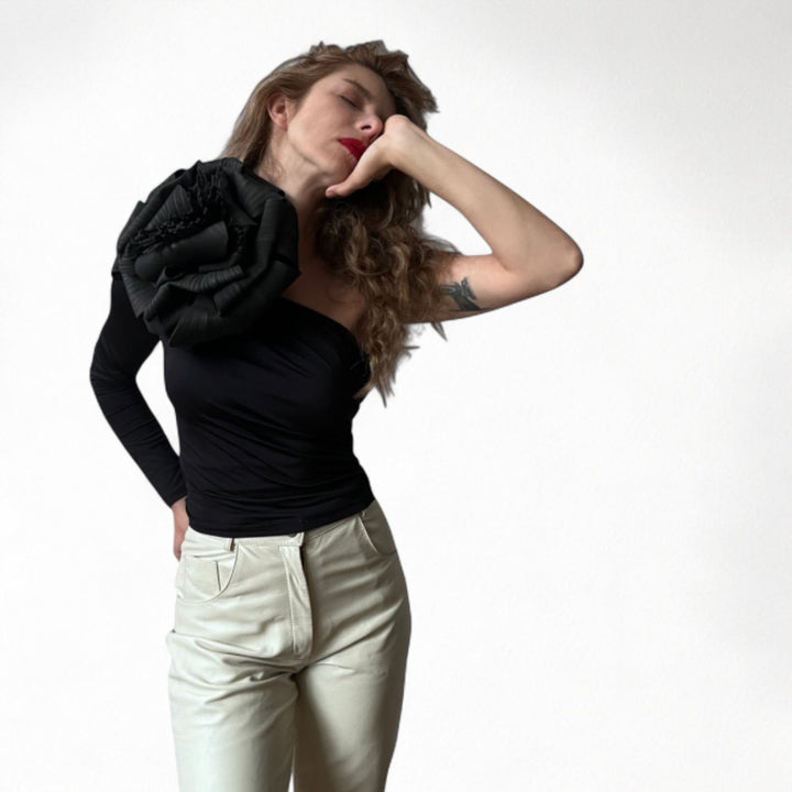 Black one sleeve top with black flower pin