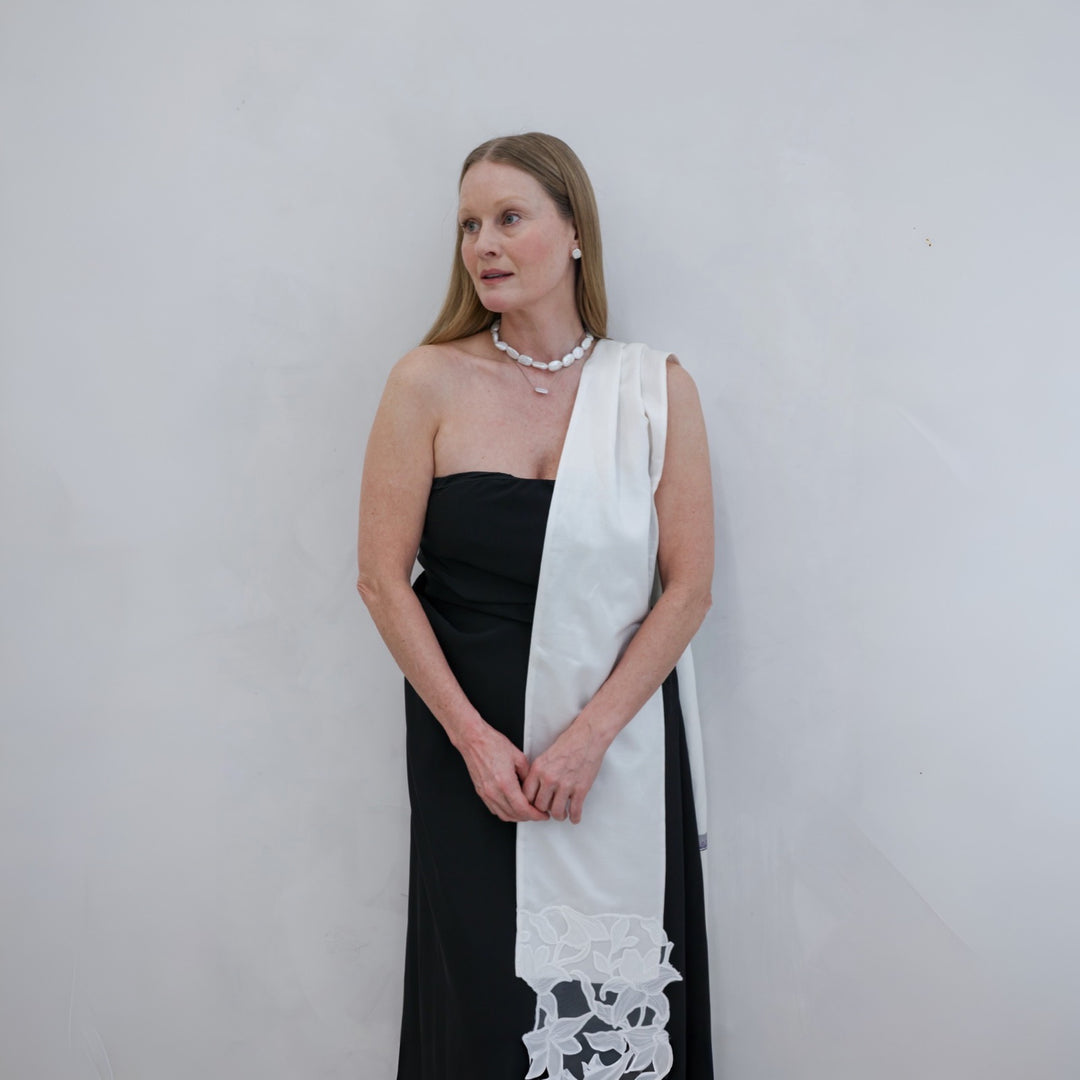 White Silk And 3D Lace Long Scarf