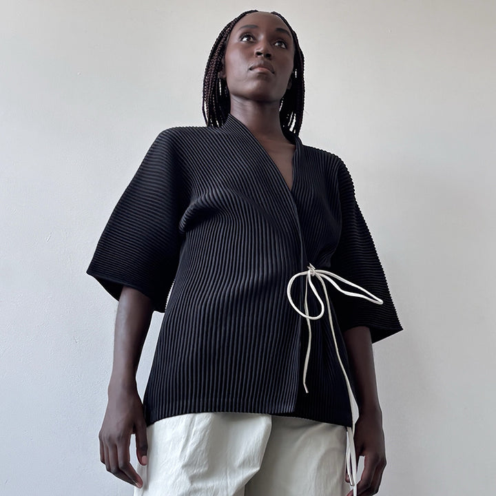 Black Pleated Kimono Cardigan With White Cord