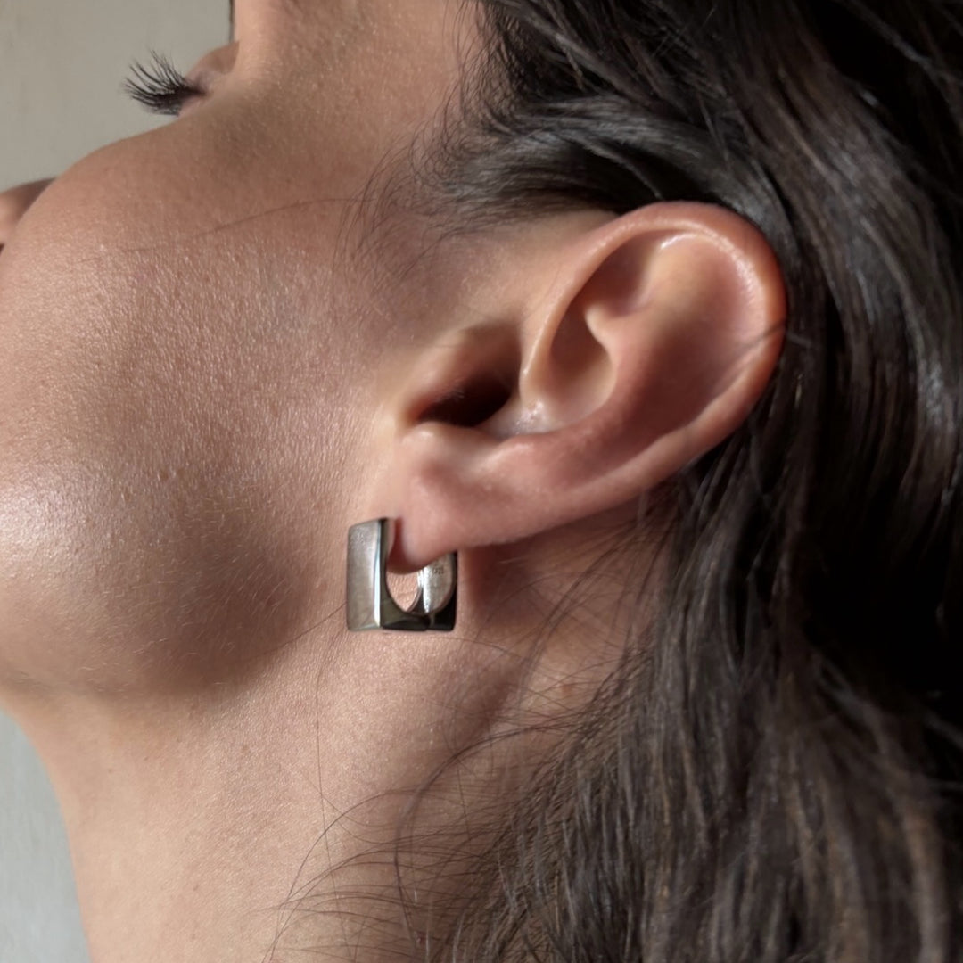 Silver Square Earlobe Hoop Earrings